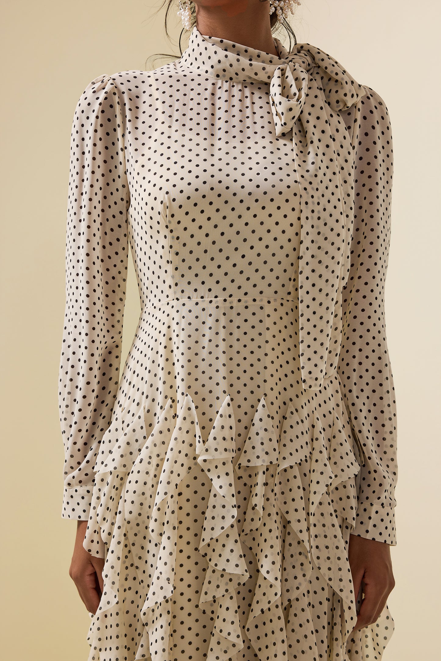 Polka Dot Frill Lace-up Midi Dress