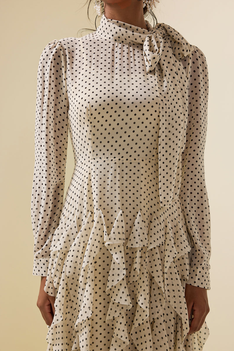 Polka Dot Frill Lace-up Midi Dress