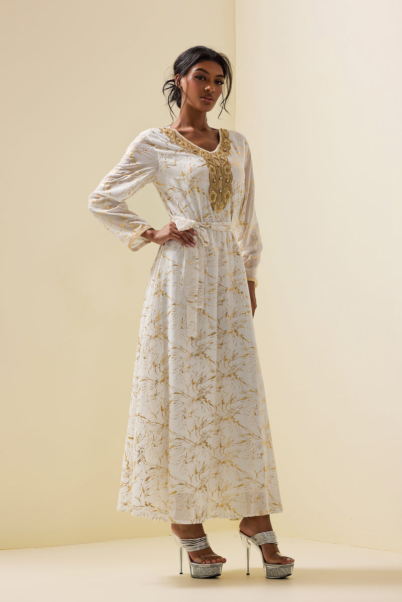 Abstract Print Gold Foil Stamping Midi Dress