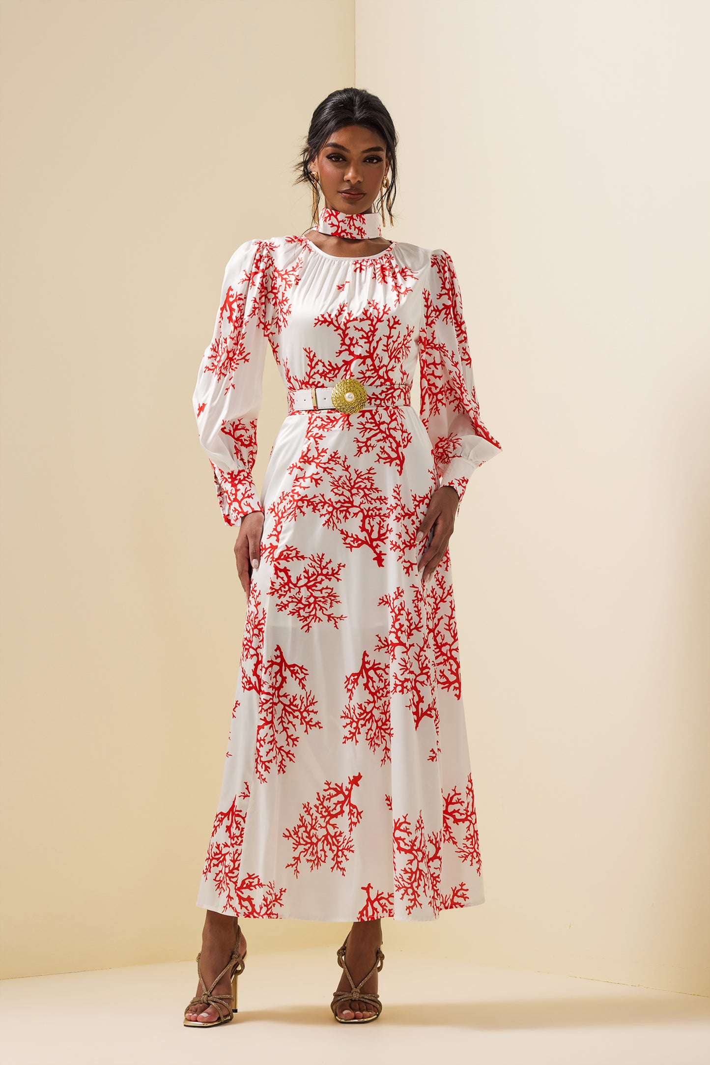 Botanical Print Lantern Sleeve Midi Dress With Belt