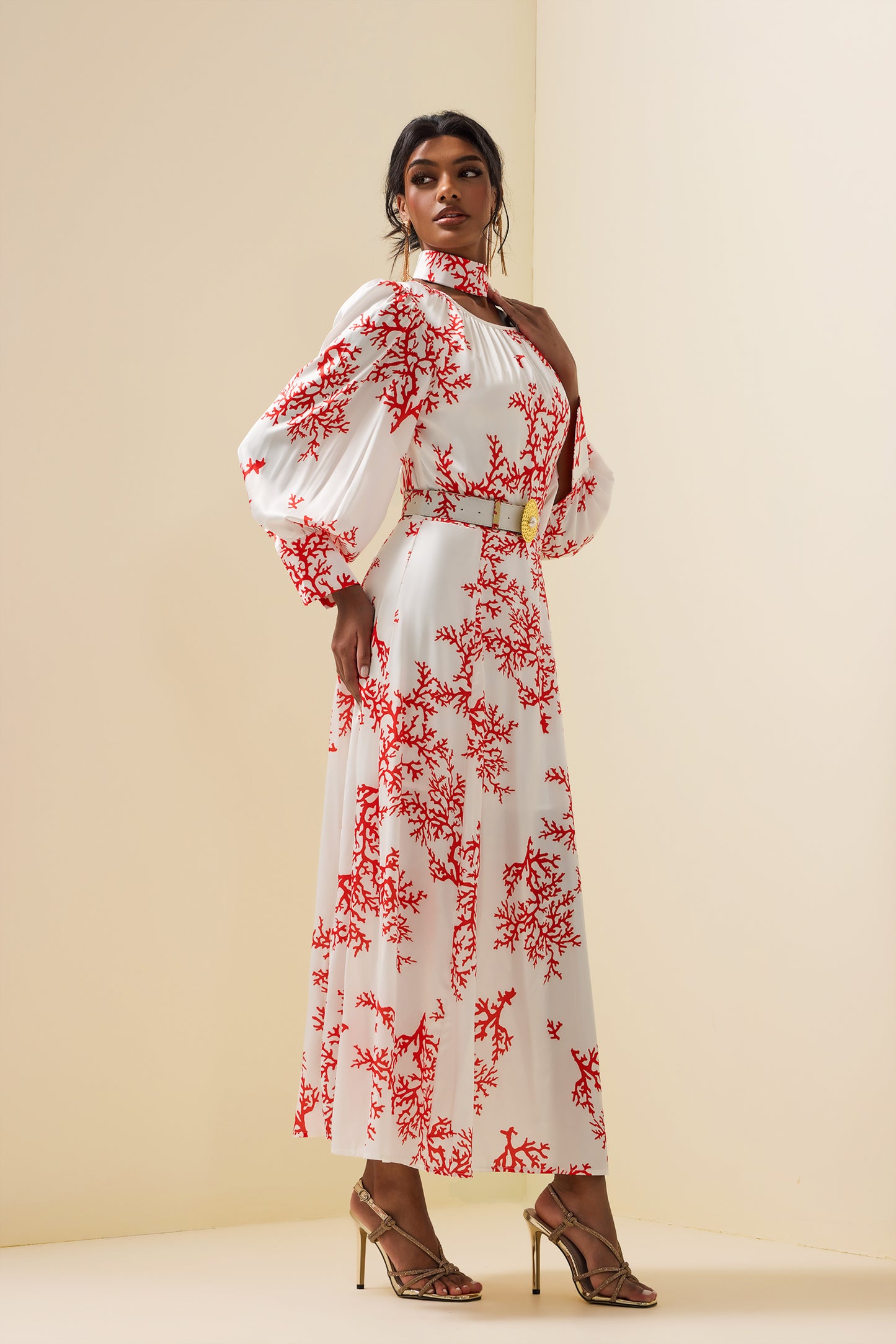 Botanical Print Lantern Sleeve Midi Dress With Belt
