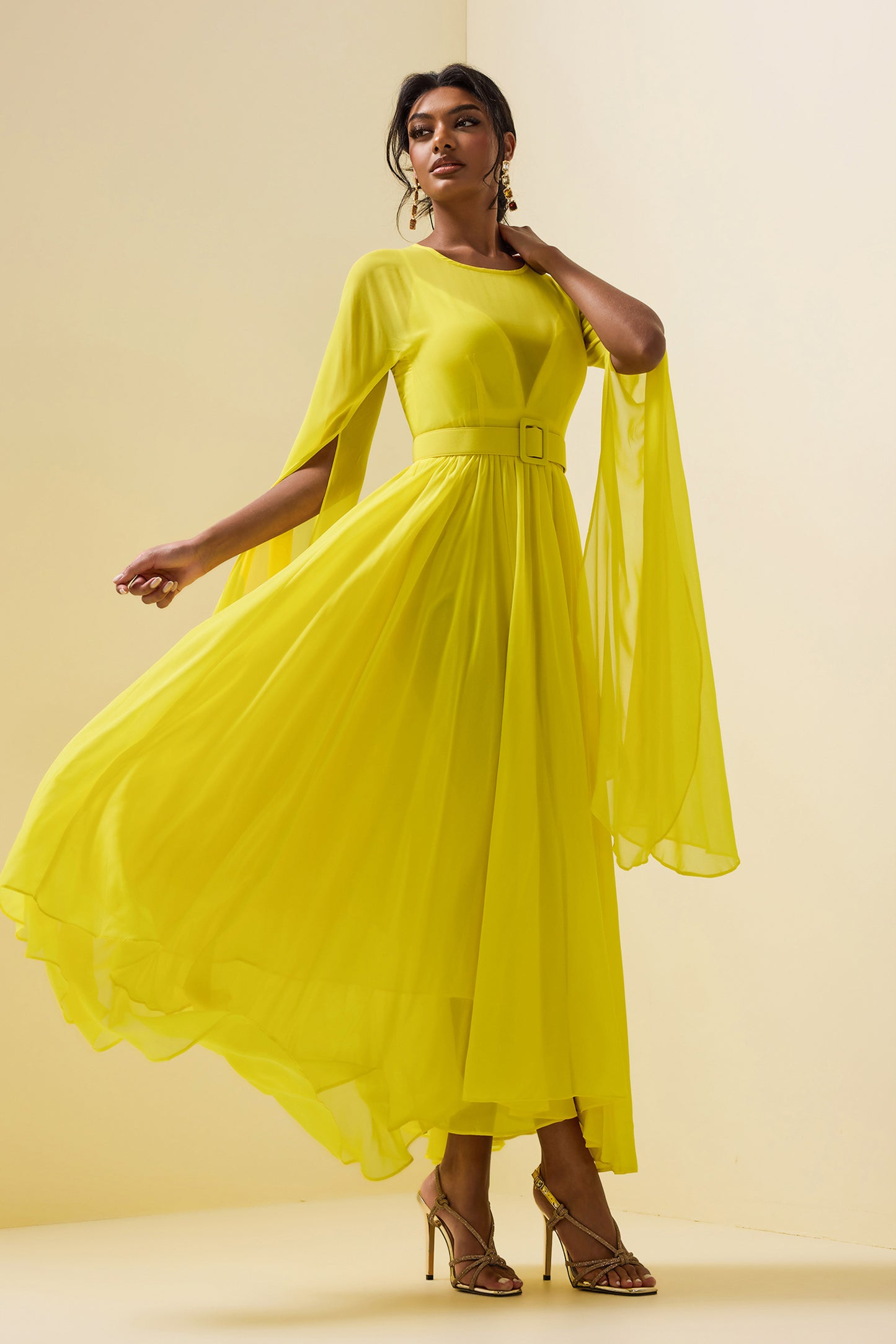 Mesh Cape Sleeve Midi Dress With Belt