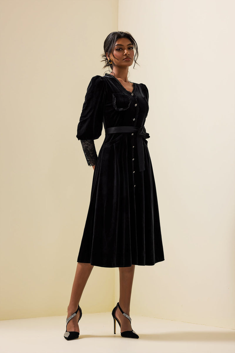 Velvet Lace Long Sleeve Midi Dress