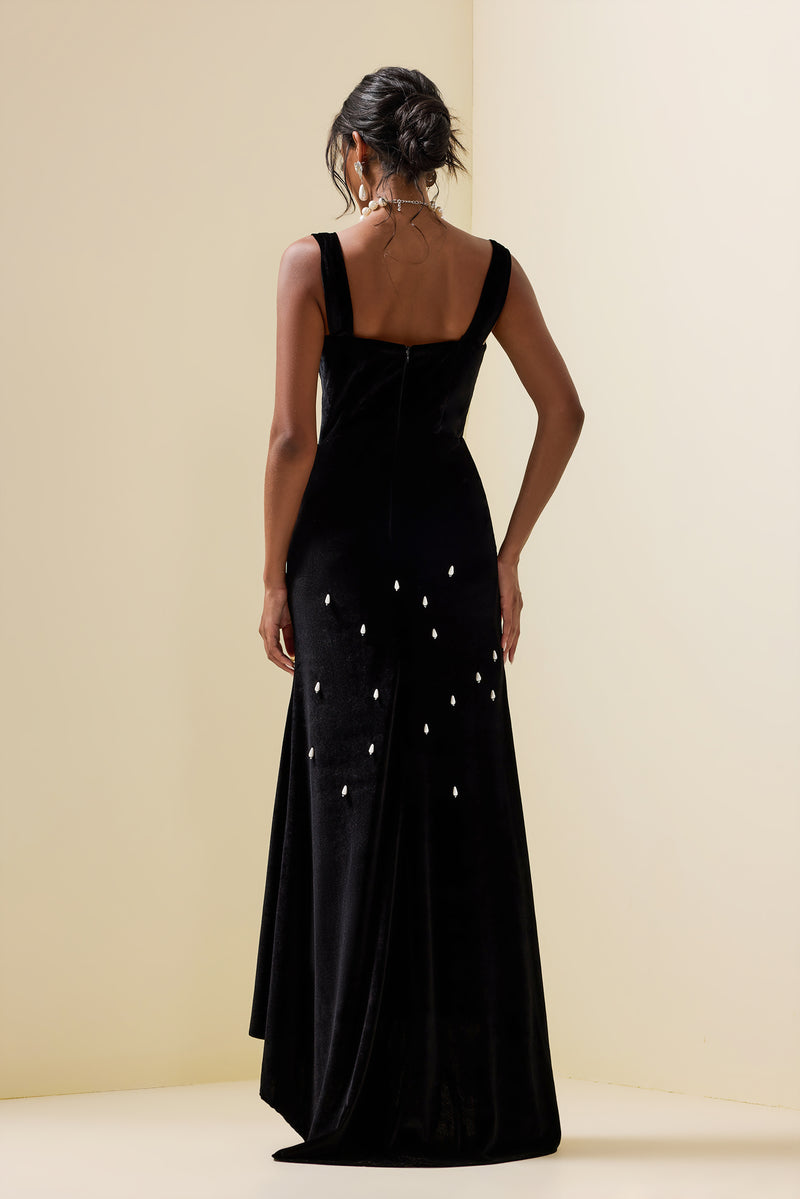 Velvet Faux Pearl Sweetheart Neck Maxi Dress