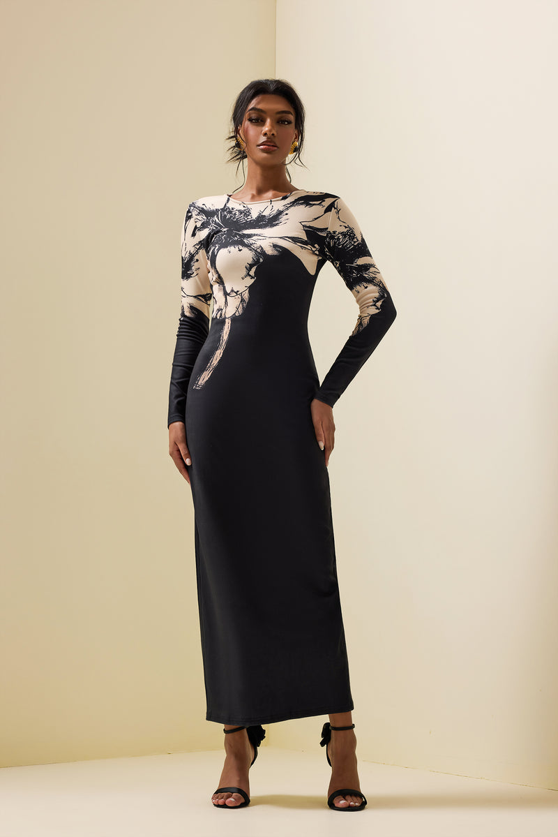 Boat Neck Long Sleeve Midi Dress