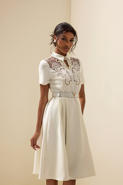 Embroidered Shirt Collar Midi Dress With Belt White