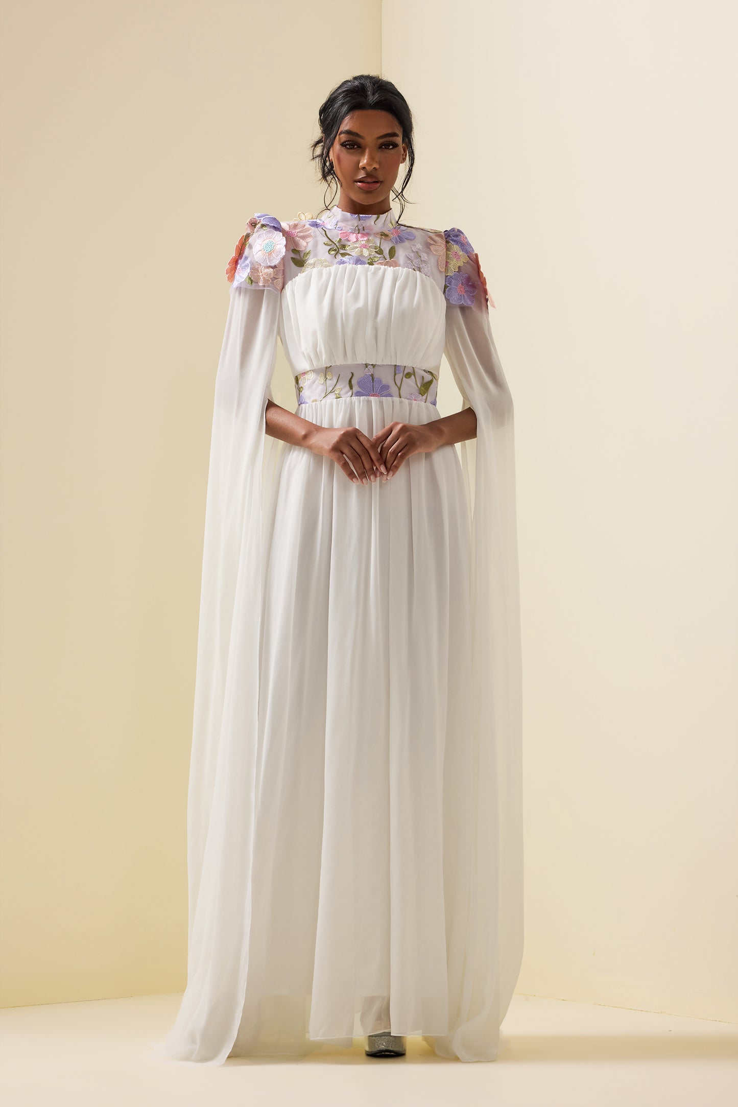 Embroidered Cape Sleeve Maxi Dress White