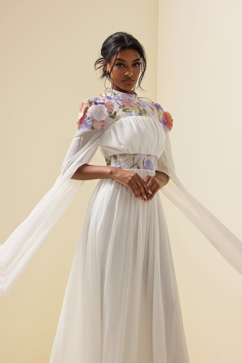 Embroidered Cape Sleeve Maxi Dress White