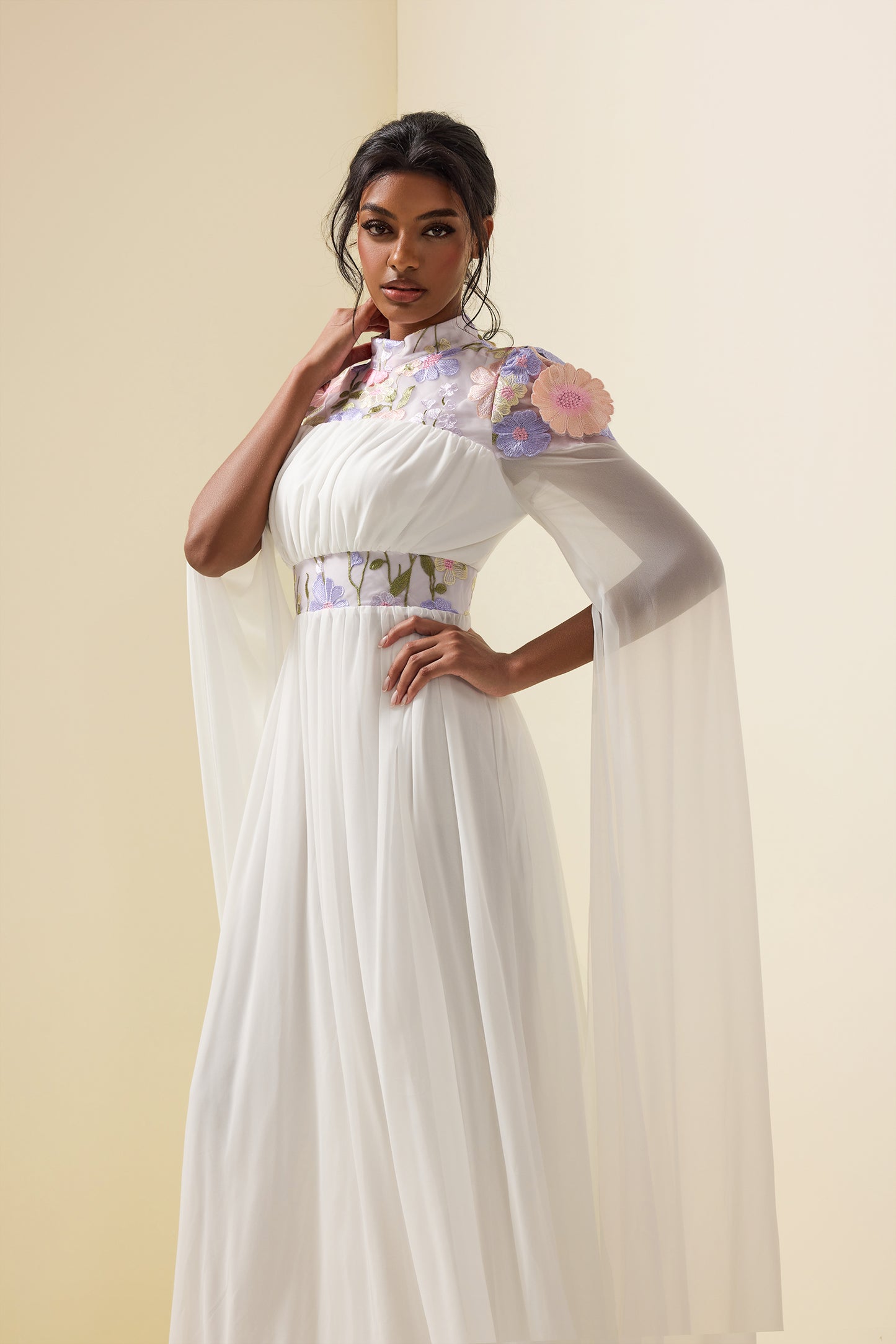 Embroidered Cape Sleeve Maxi Dress White