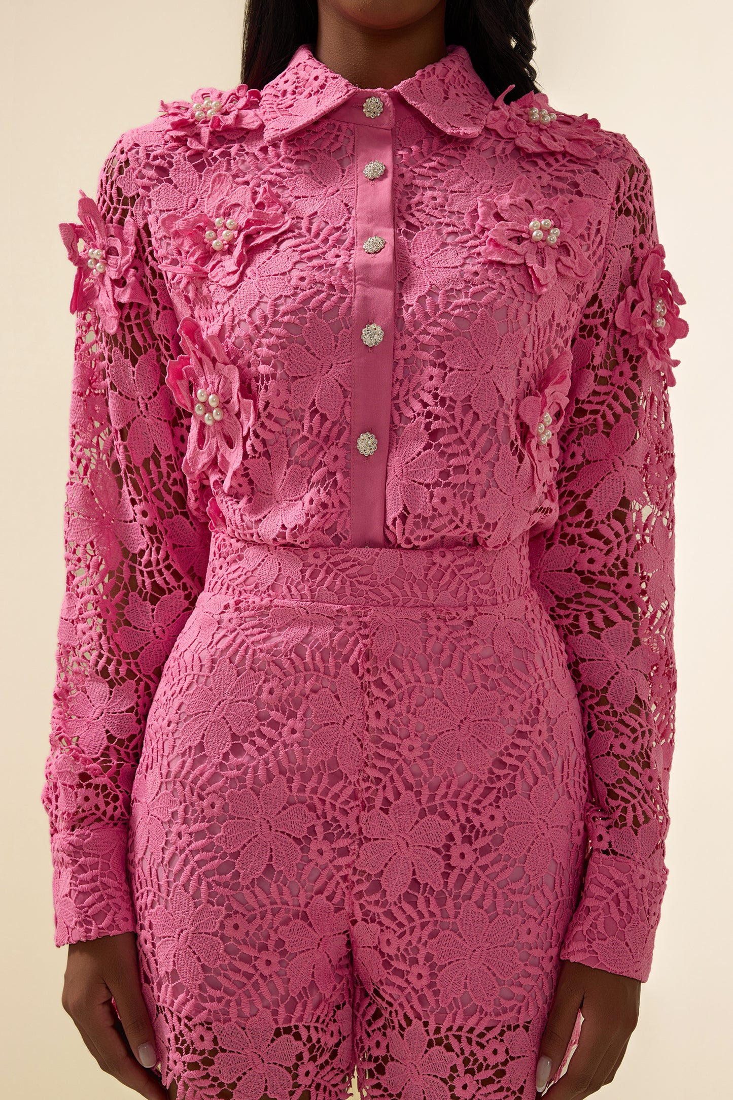 Lace Rhinestone Bottom Top ＆ High Waist Lace Mini Pants