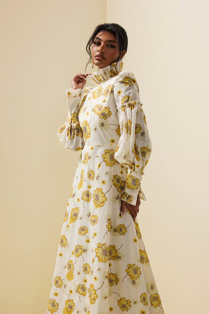 Stand Collar Lantern Sleeve Maxi Dress