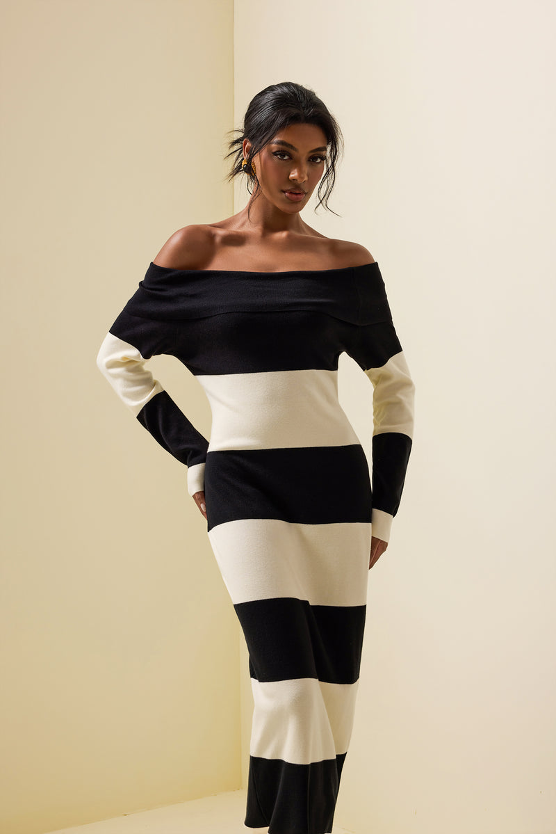 Jersey Stripe Off-shoulder Midi Dress