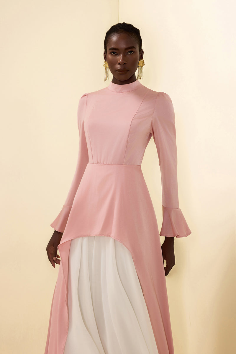 Satin Stand Collar Ball Sleeve Midi Dress