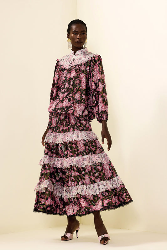 Paisley Print Gold Foil Stamping Midi Dress