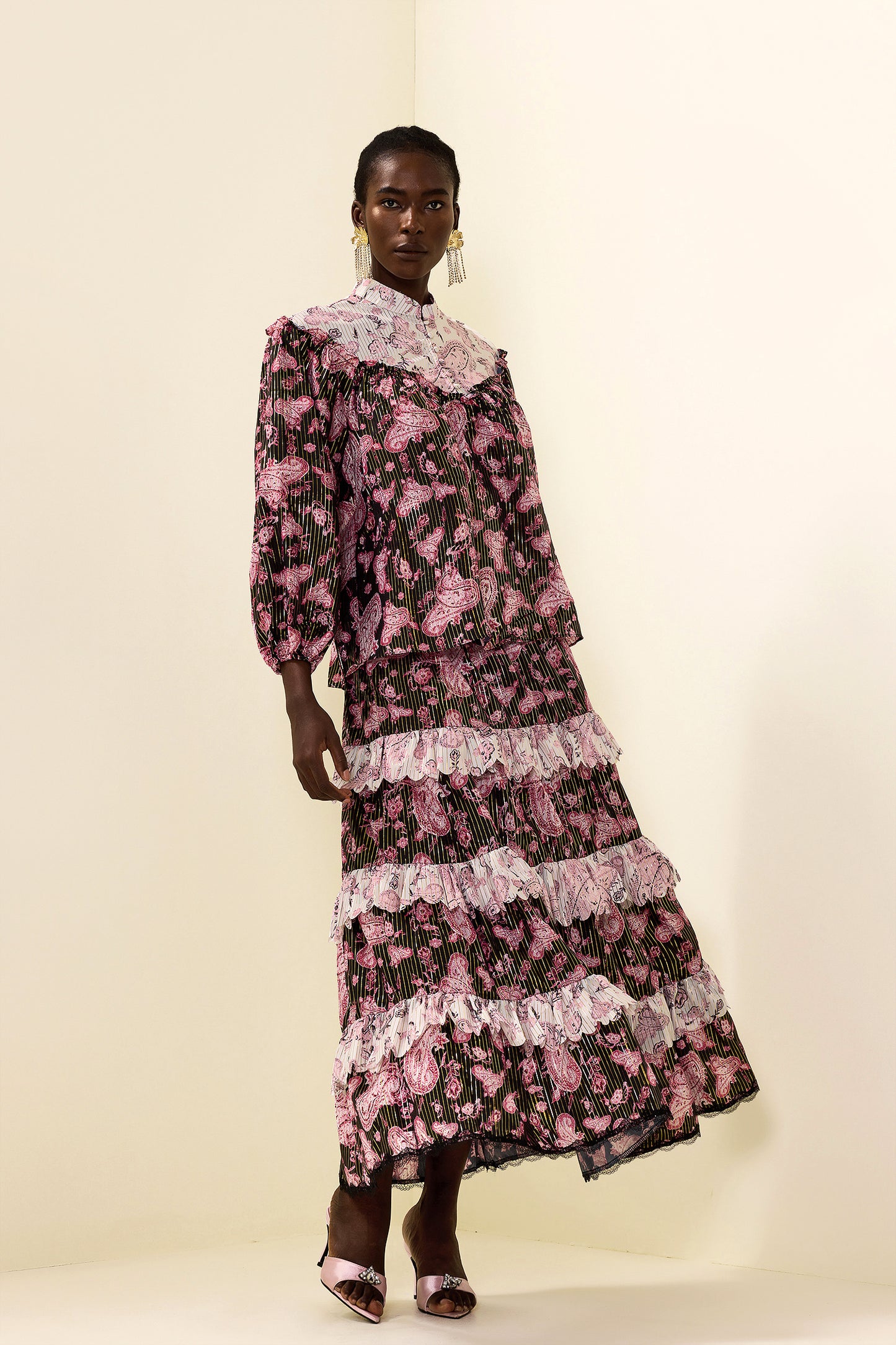 Paisley Print Gold Foil Stamping Midi Dress
