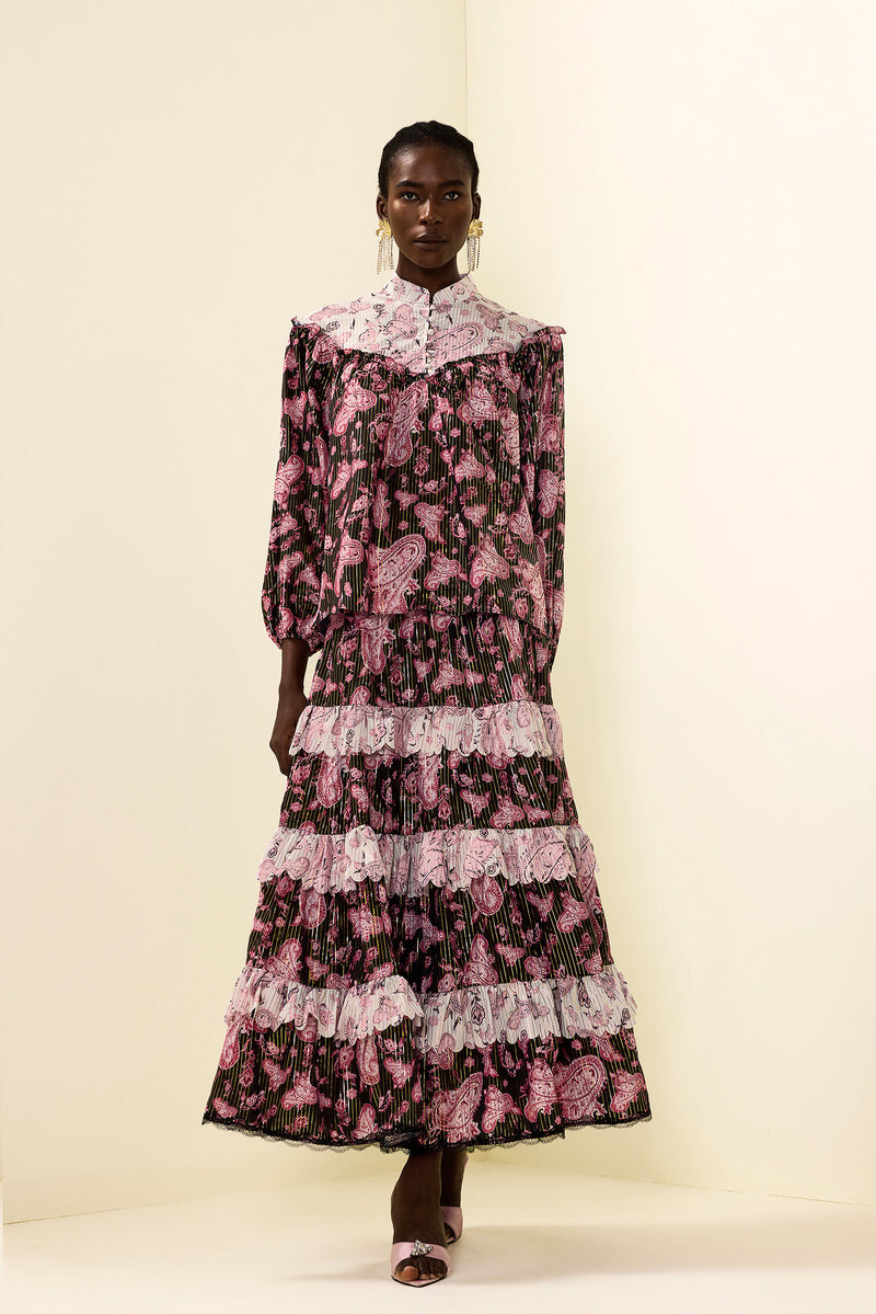 Paisley Print Gold Foil Stamping Midi Dress