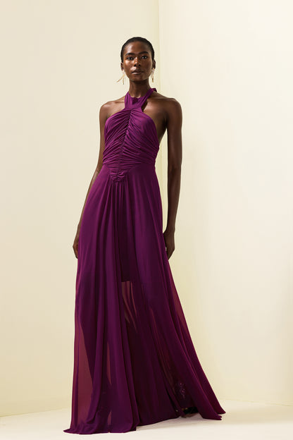 Halter Neck Ruched Maxi Dress