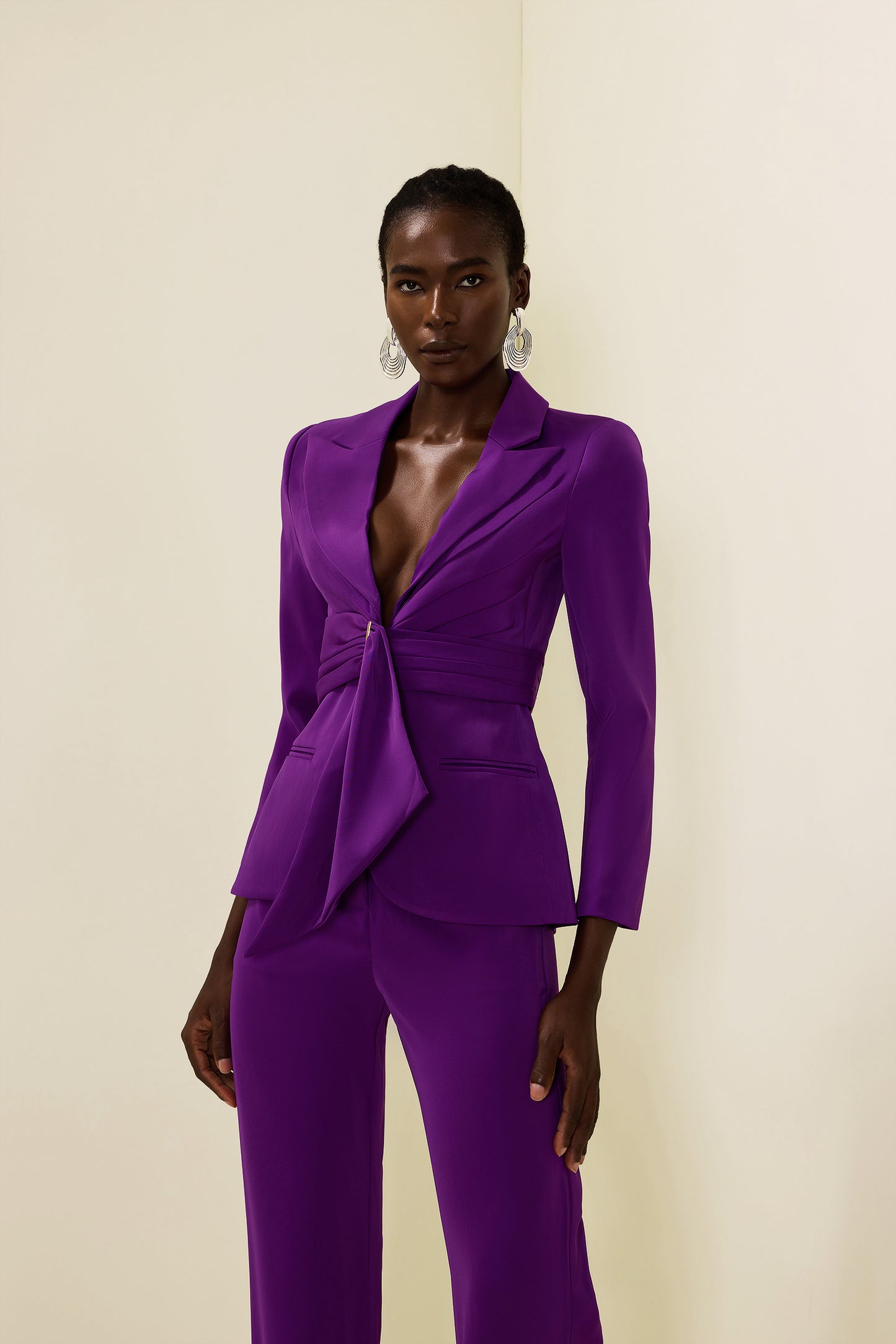 Ruched Bottom Blazer ＆mid Waist Pants Set