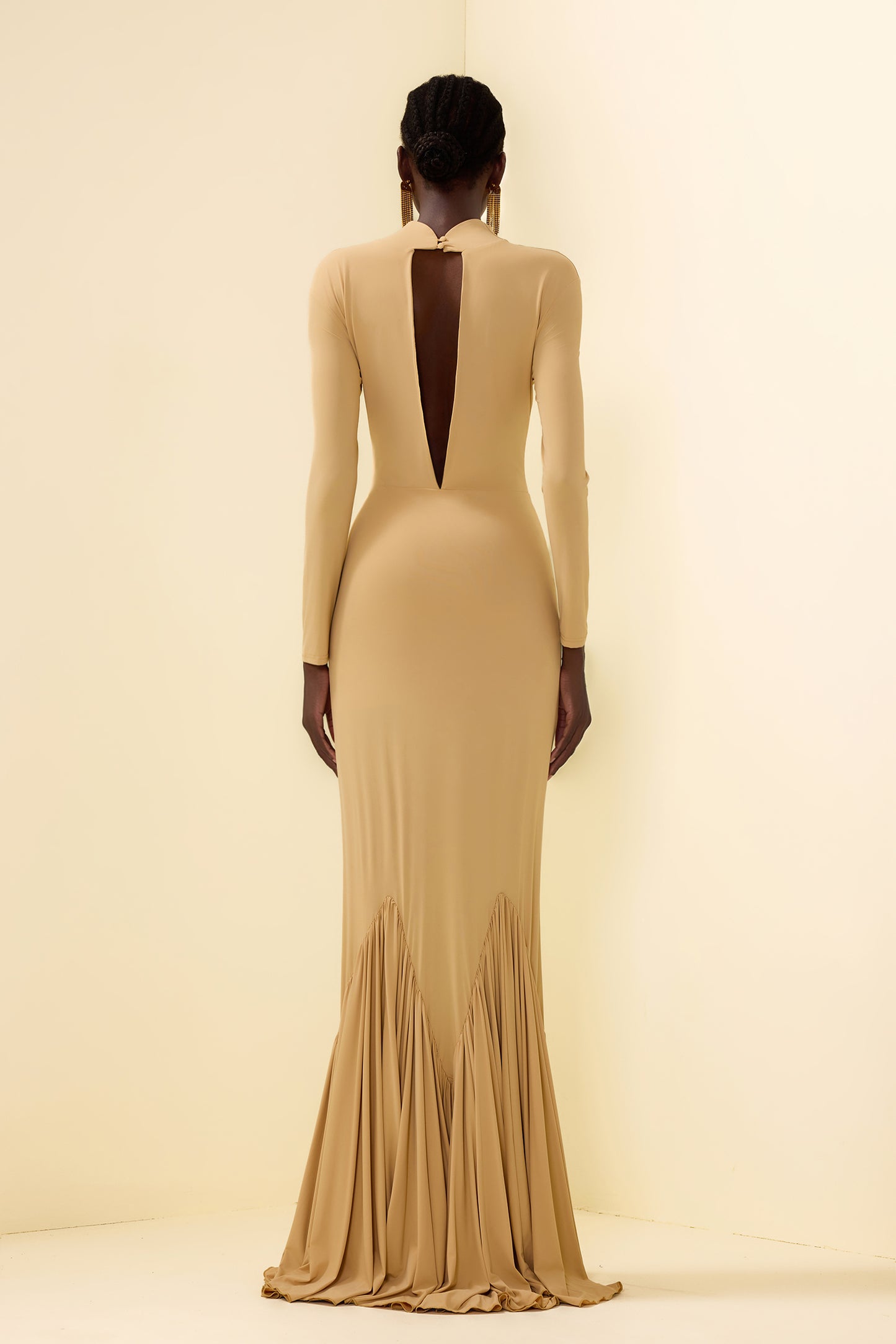 Cowl Neckline Pleat Long Sleeve Maxi Dress