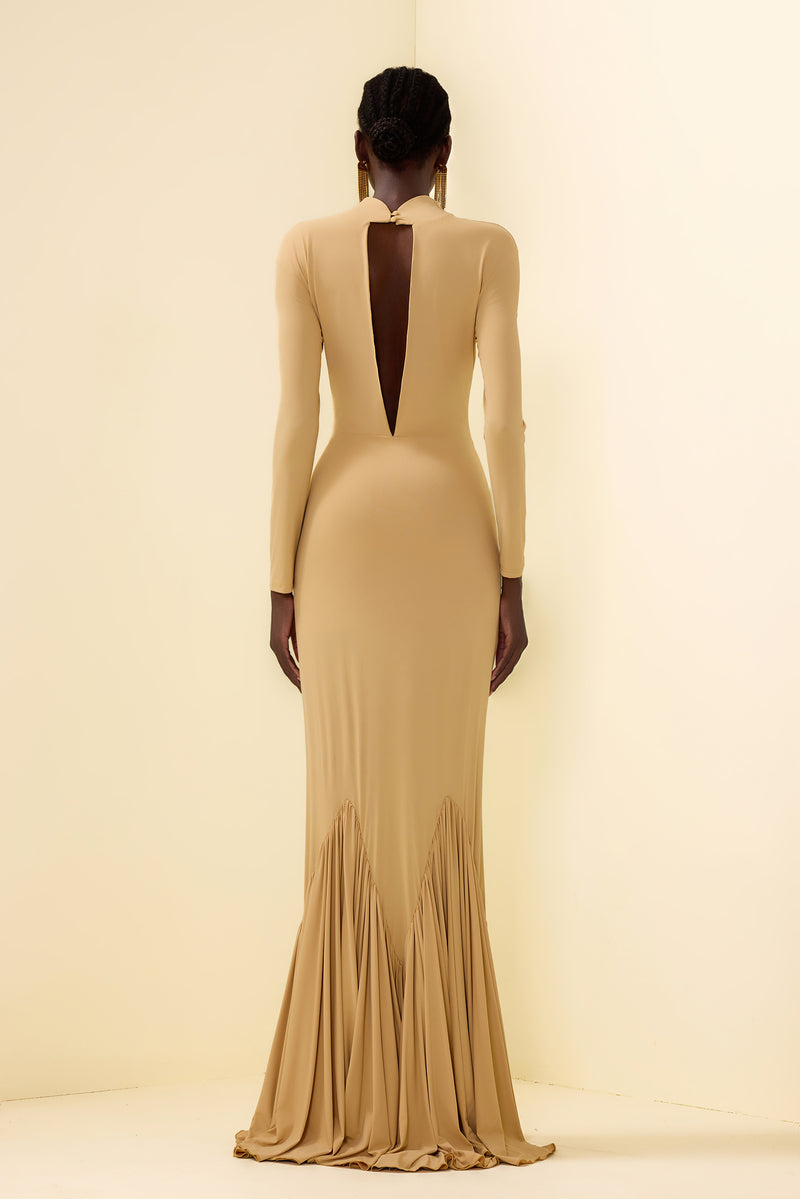 Cowl Neckline Pleat Long Sleeve Maxi Dress
