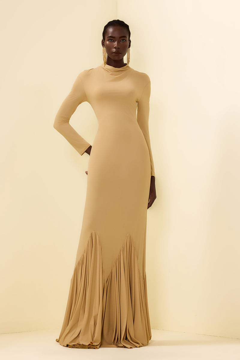 Cowl Neckline Pleat Long Sleeve Maxi Dress