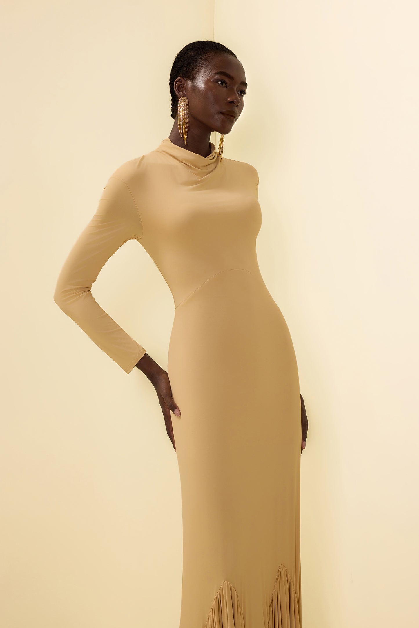 Cowl Neckline Pleat Long Sleeve Maxi Dress