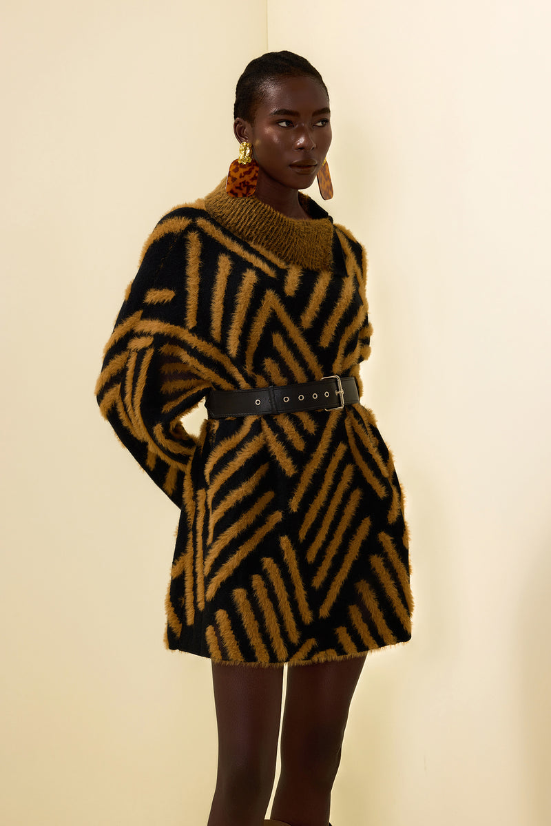 High Neck Long Sleeve Sweater With Belt