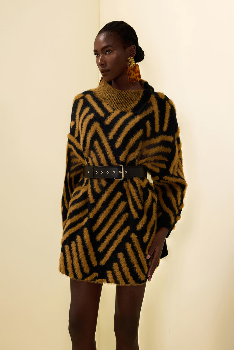 High Neck Long Sleeve Sweater With Belt