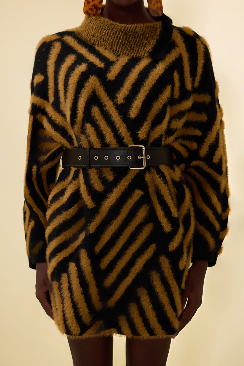 High Neck Long Sleeve Sweater With Belt