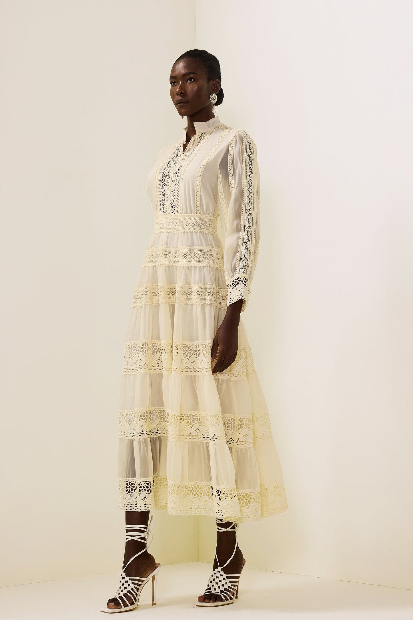Lace Embroidered Lantern Sleeve Midi Dress