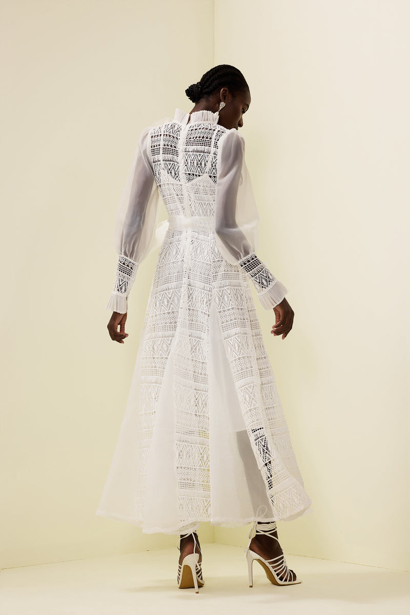 3d Flower Lace Puff Sleeve Midi Dress