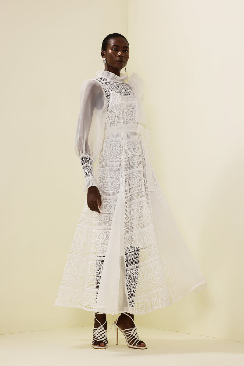 3d Flower Lace Puff Sleeve Midi Dress
