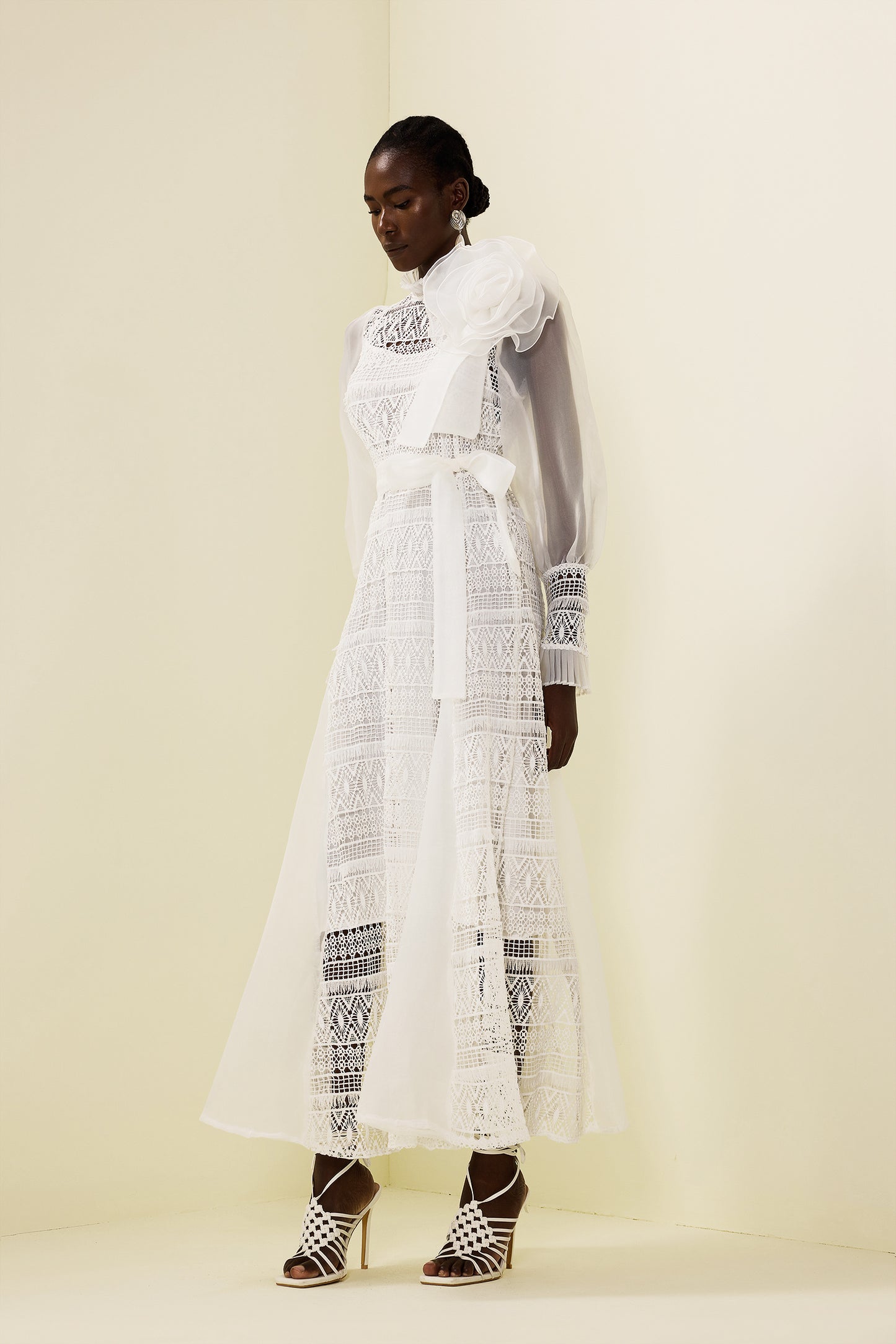 3d Flower Lace Puff Sleeve Midi Dress