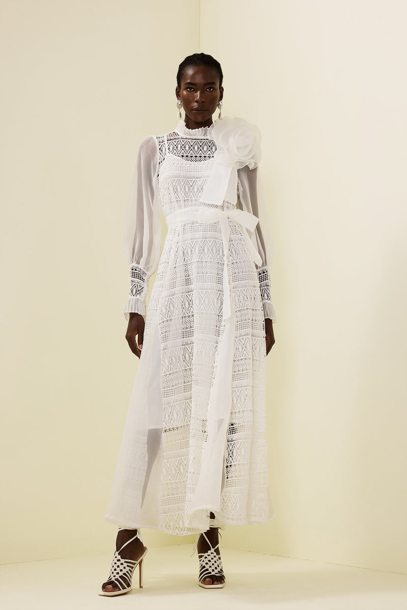 3d Flower Lace Puff Sleeve Midi Dress