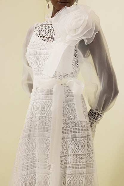 3d Flower Lace Puff Sleeve Midi Dress