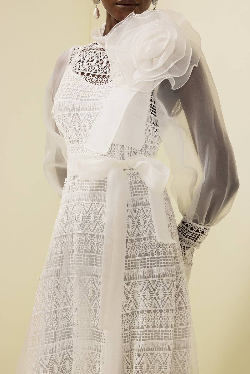 3d Flower Lace Puff Sleeve Midi Dress