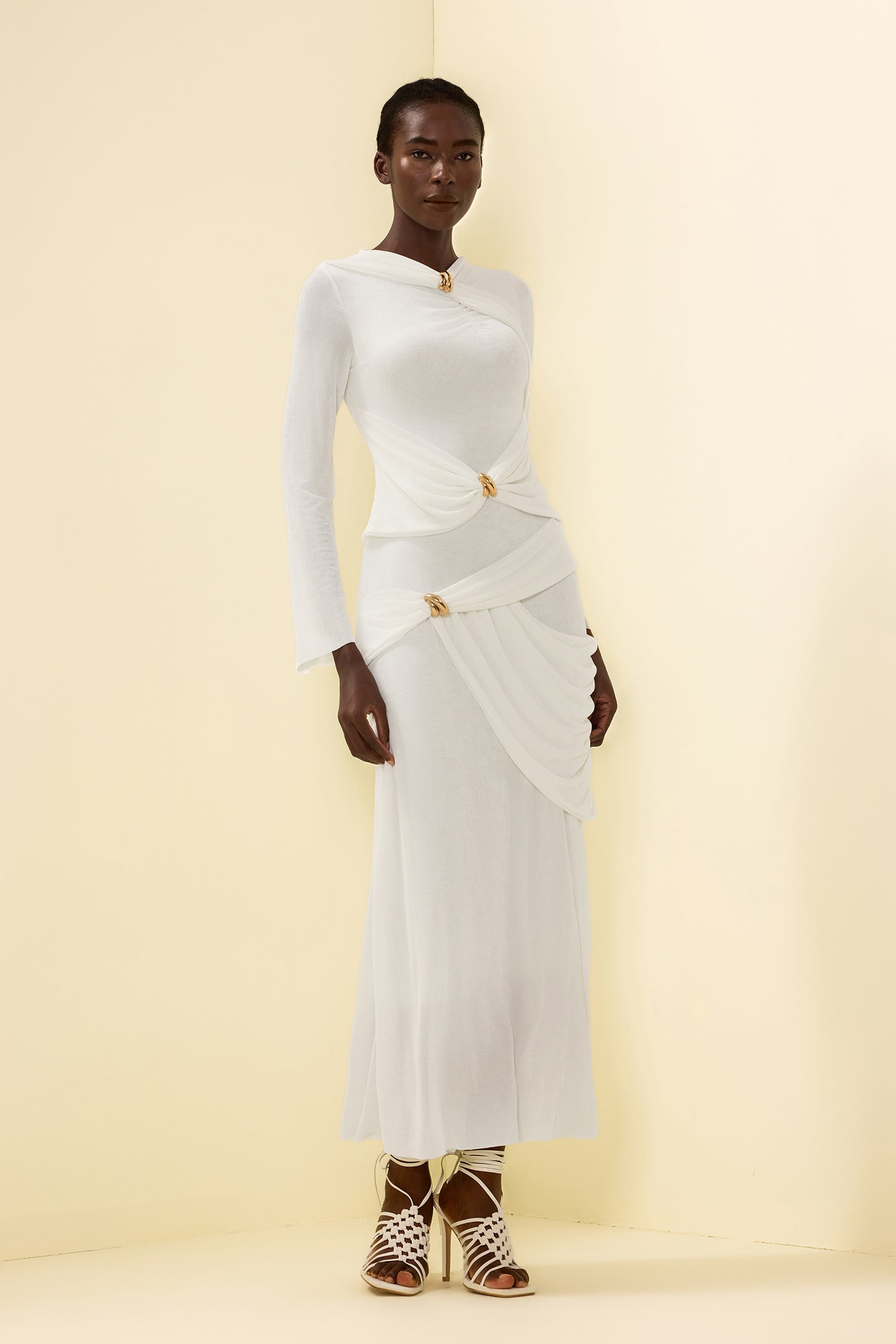 Knit Ruched Long Sleeve Maxi Dress White