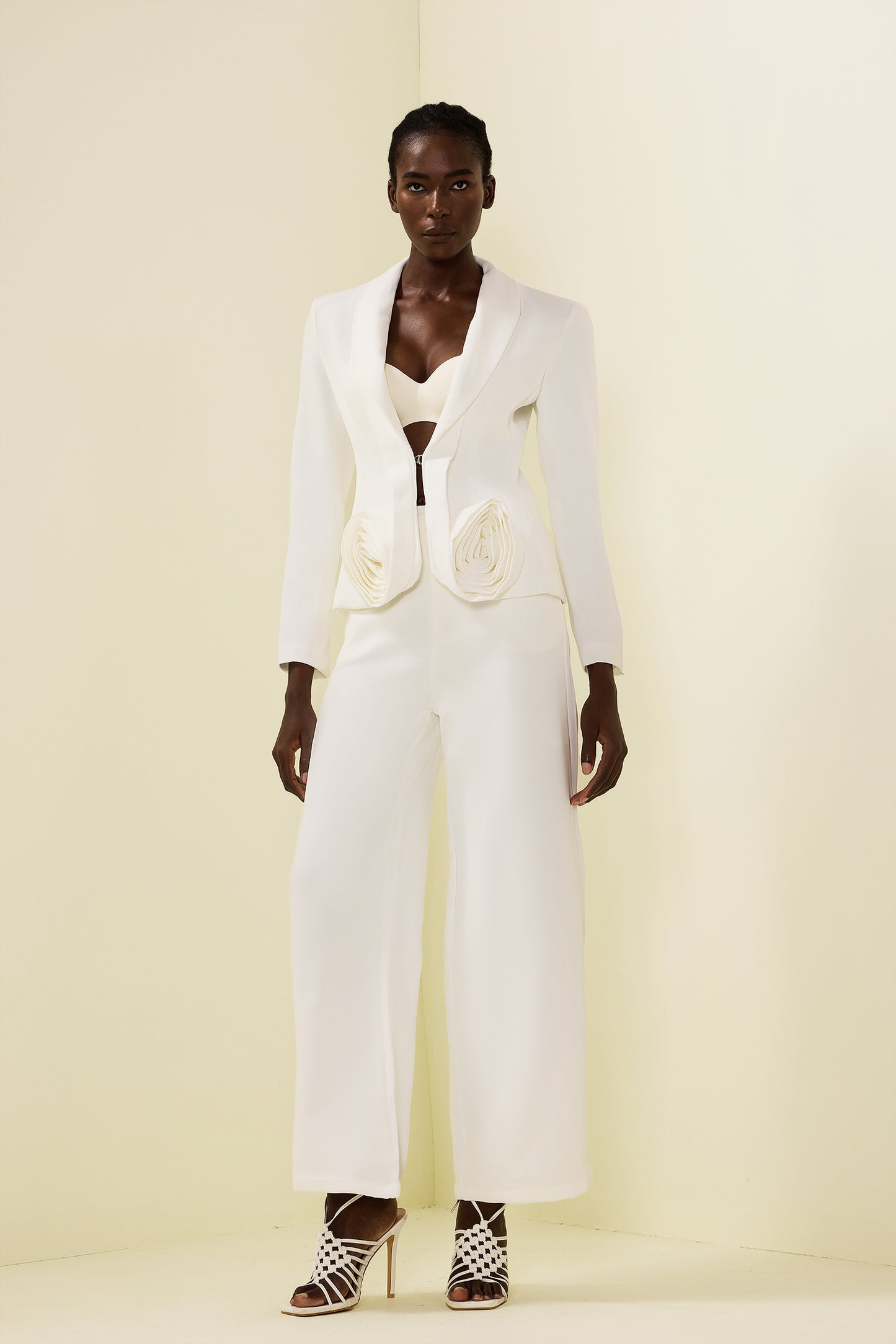 3d Flower Long Sleeve Blazer & High Waist Pants Set