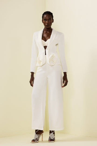 3d Flower Long Sleeve Blazer & High Waist Pants Set