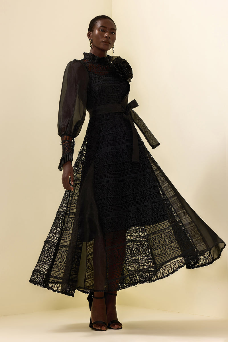 3d Flower Lace Puff Sleeve Midi Dress Black