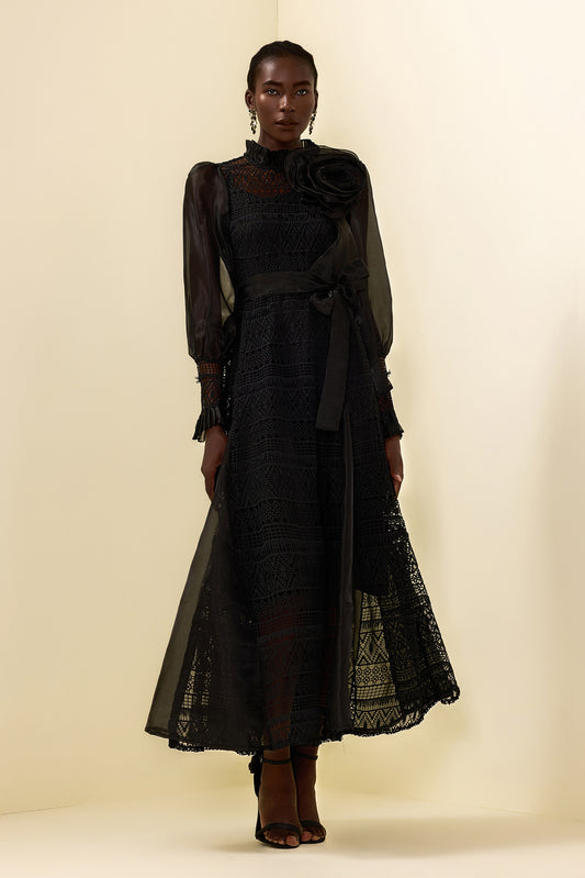 3d Flower Lace Puff Sleeve Midi Dress Black
