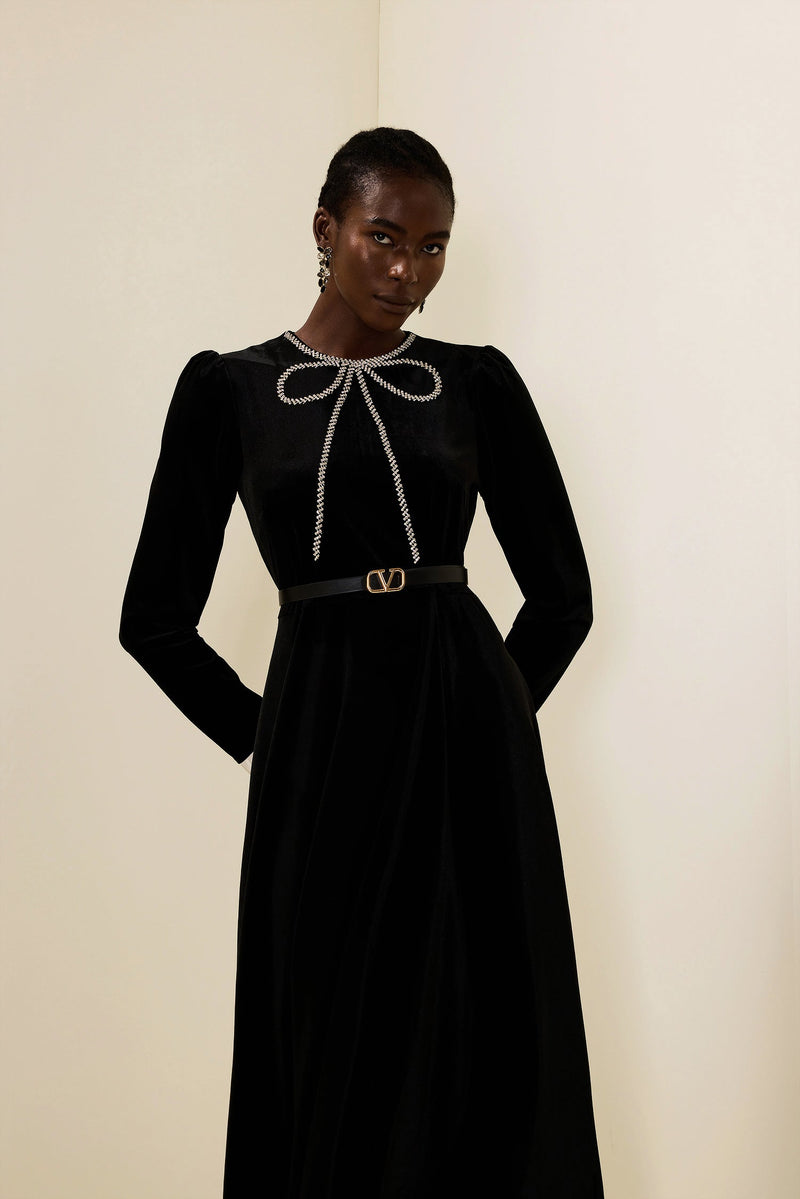 Velvet Rhinestone Bow Midi Dress