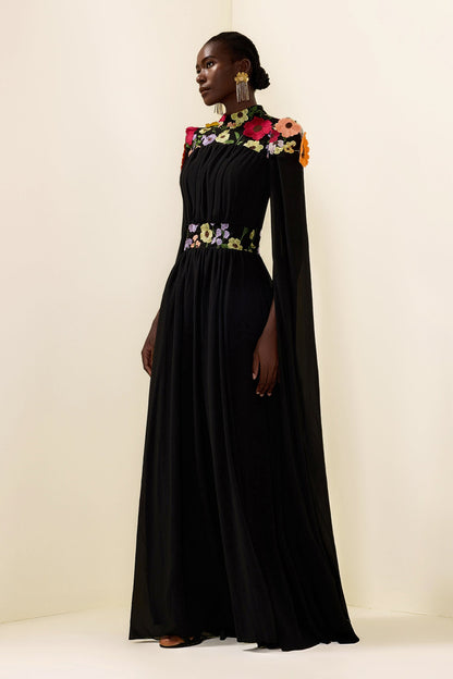 Embroidered Cape Sleeve Maxi Dress