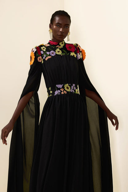 Embroidered Cape Sleeve Maxi Dress