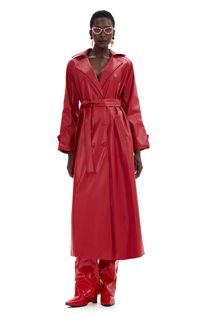 Pu Leather Double Breasted Midi Coat