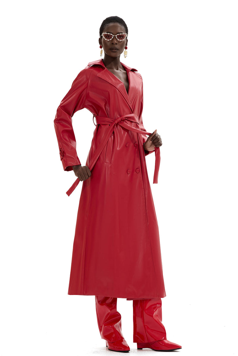 Pu Leather Double Breasted Midi Coat