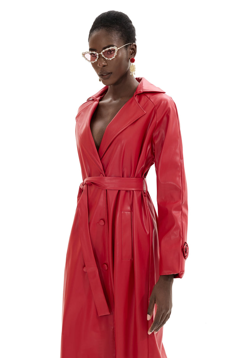 Pu Leather Double Breasted Midi Coat