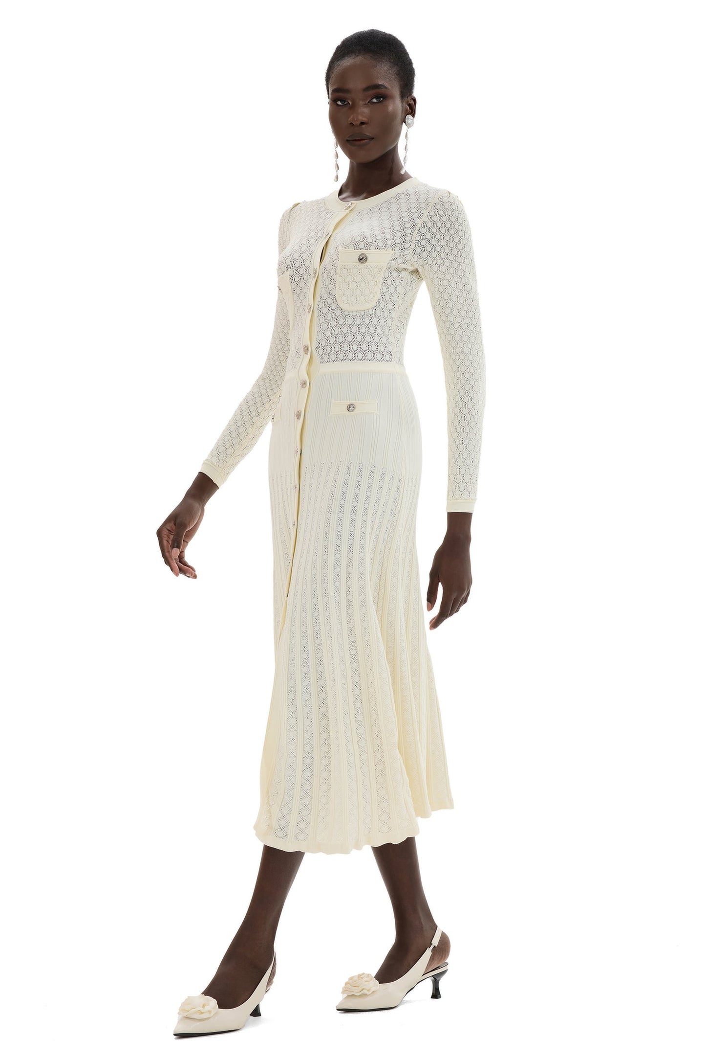 Knit Button Long Sleeve Midi Dress