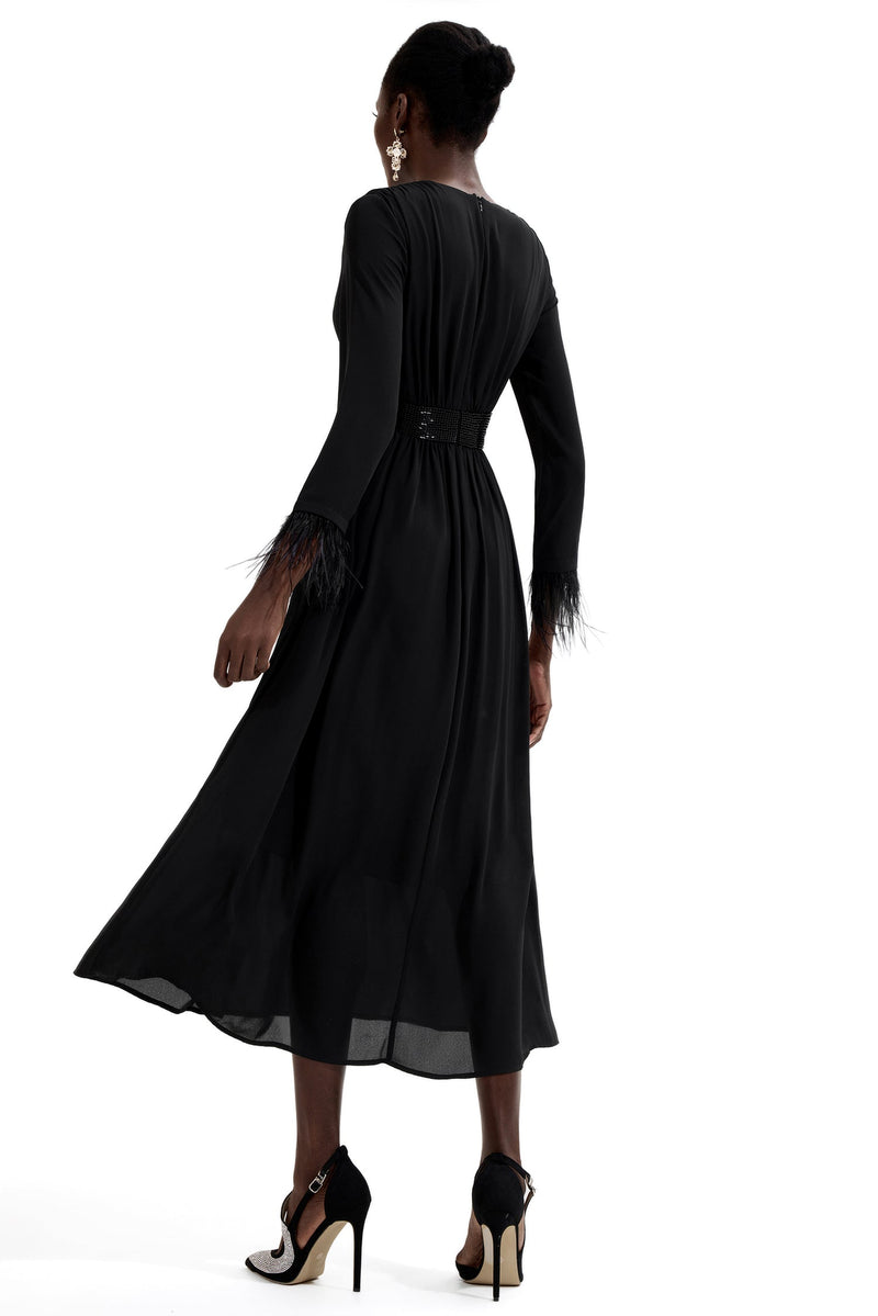 Rhinestone V-neck Long Sleeve Feather Midi Dress