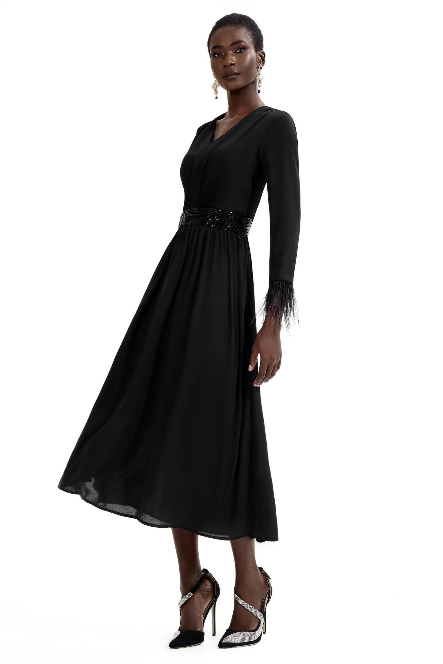 Rhinestone V-neck Long Sleeve Feather Midi Dress